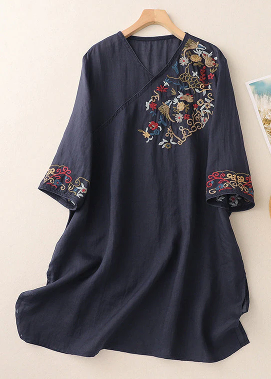 Loose Green V Neck Embroidered Side Open Cotton Mid Dress Half Sleeve - Image 3