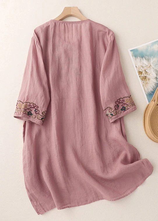 Loose Green V Neck Embroidered Side Open Cotton Mid Dress Half Sleeve - Image 4