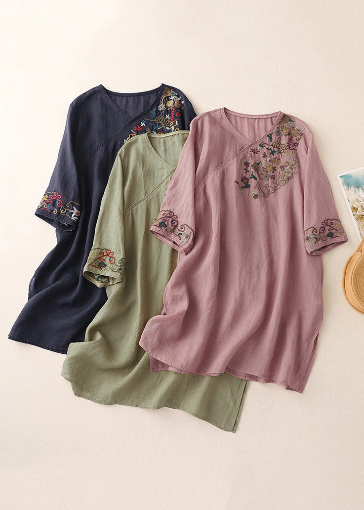 Loose Green V Neck Embroidered Side Open Cotton Mid Dress Half Sleeve - Image 5