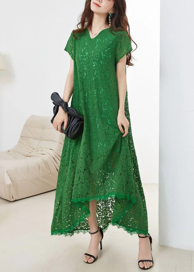 Loose Green V Neck Hollow Out Lace Dress Summer - Image 4