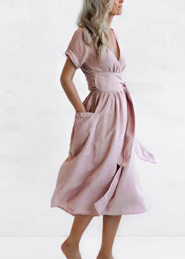 Loose Green V Neck Pockets Tie Waist Cotton Dresses Summer - Image 3