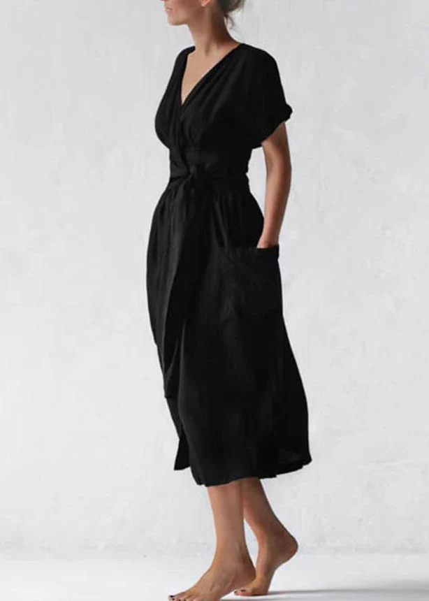 Loose Green V Neck Pockets Tie Waist Cotton Dresses Summer - Image 4
