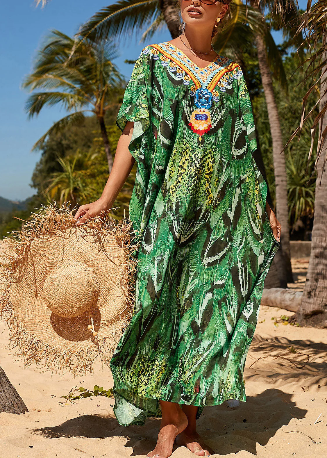 Loose Green V Neck Print Side Open Maxi Beach Dress Short Sleeve - Image 2