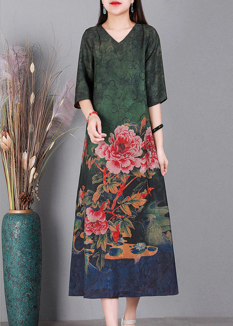 Loose Green V Neck Print Silk Dresses Half Sleeve - Image 2