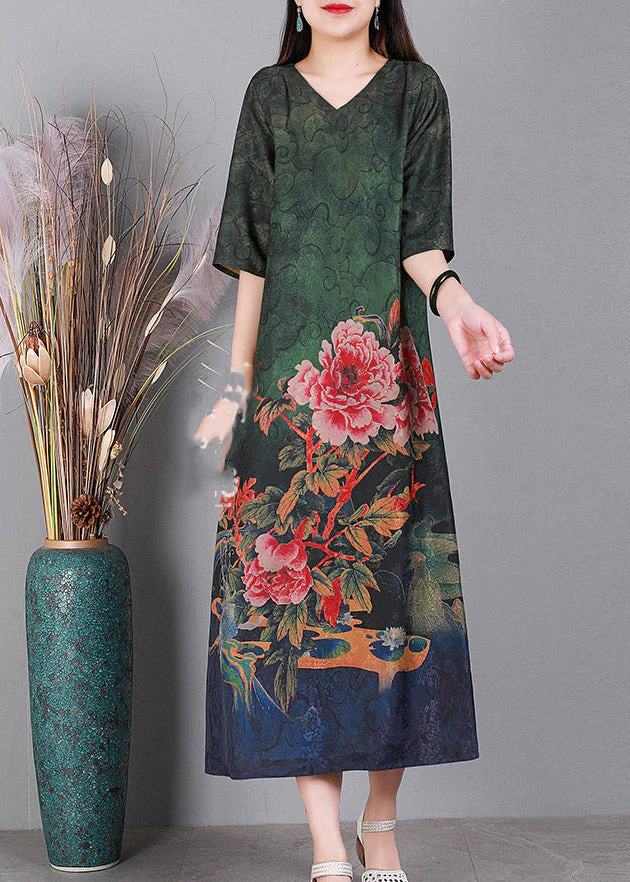 Loose Green V Neck Print Silk Dresses Half Sleeve - Image 3