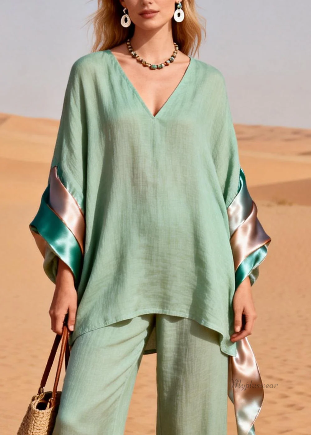 Loose Green V Neck Silk Patchwork Linen Two Piece Set Spring - Image 2