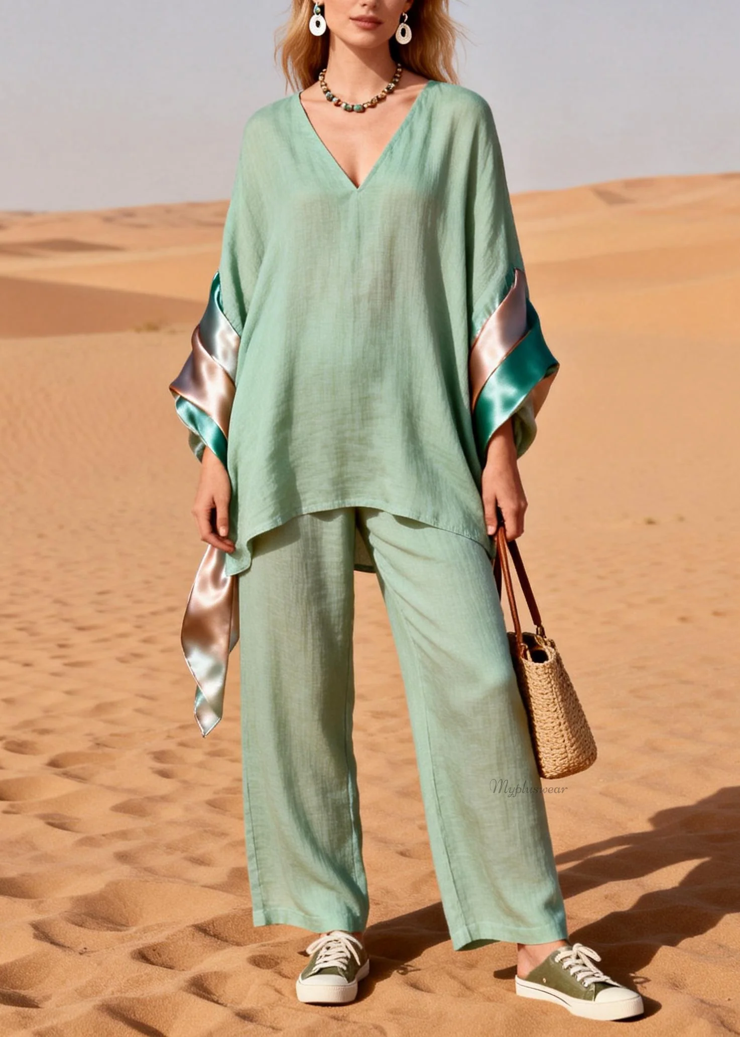 Loose Green V Neck Silk Patchwork Linen Two Piece Set Spring - Image 3