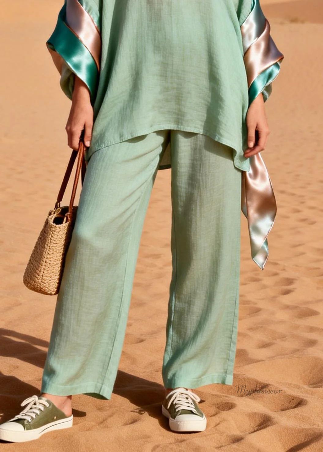 Loose Green V Neck Silk Patchwork Linen Two Piece Set Spring - Image 4