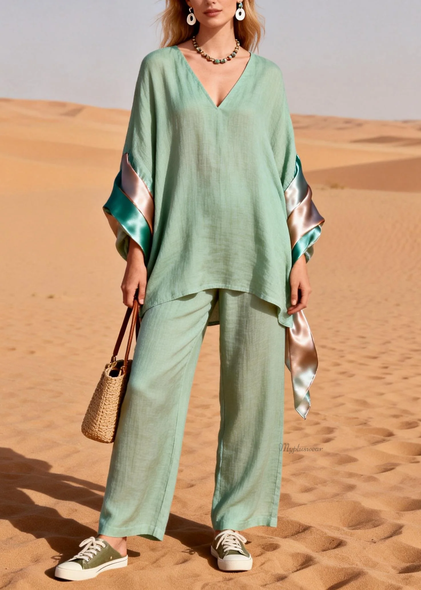 Loose Green V Neck Silk Patchwork Linen Two Piece Set Spring - Image 5