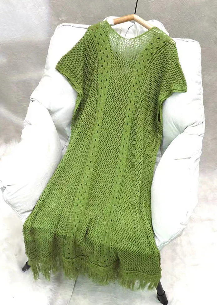 Loose Green V Neck Tasseled Hollow Out Knit Dress Summer - Image 2