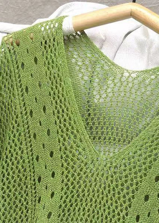 Loose Green V Neck Tasseled Hollow Out Knit Dress Summer - Image 3