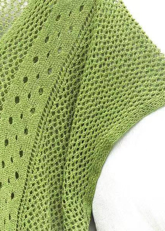 Loose Green V Neck Tasseled Hollow Out Knit Dress Summer - Image 4