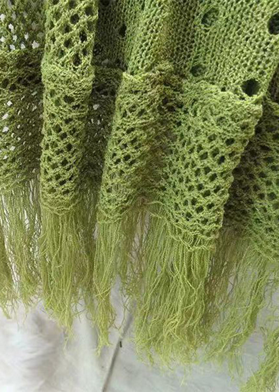 Loose Green V Neck Tasseled Hollow Out Knit Dress Summer - Image 5