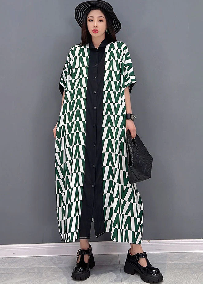 Loose Green V Print Peter Pan Collar Button Chiffon Shirt Dresses Short Sleeve - Image 2