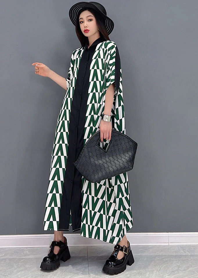 Loose Green V Print Peter Pan Collar Button Chiffon Shirt Dresses Short Sleeve - Image 3