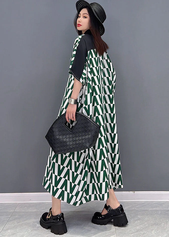 Loose Green V Print Peter Pan Collar Button Chiffon Shirt Dresses Short Sleeve - Image 4