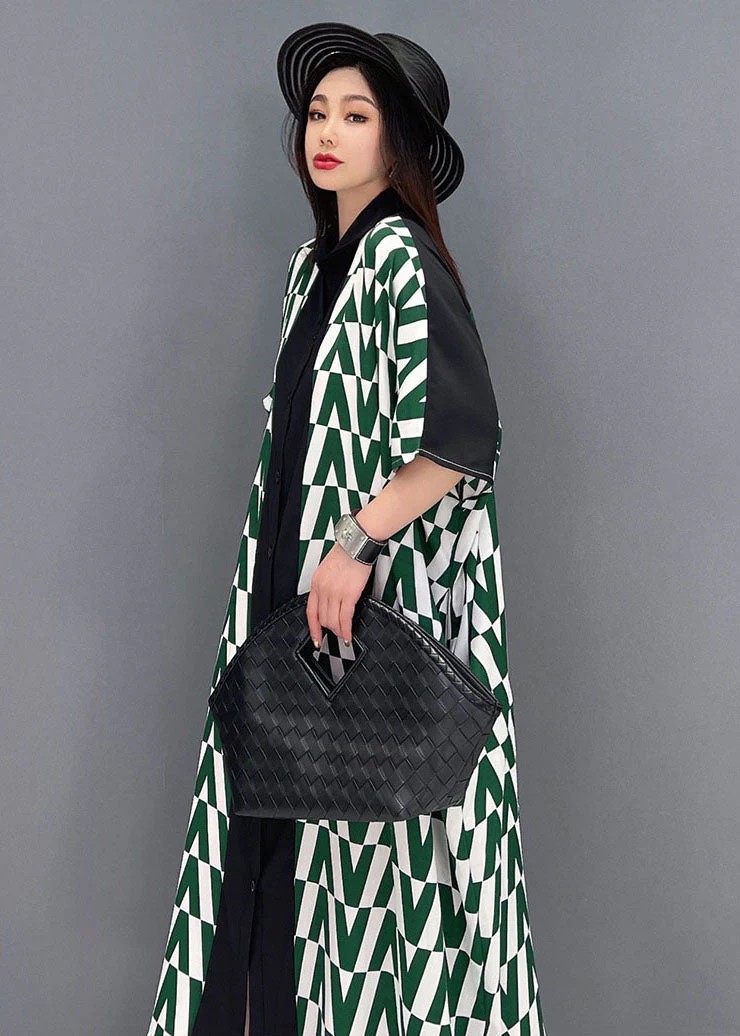Loose Green V Print Peter Pan Collar Button Chiffon Shirt Dresses Short Sleeve - Image 5