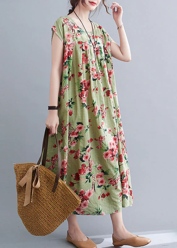 Loose Green Wrinkled Print Cotton Long Dresses Short Sleeve - Image 2
