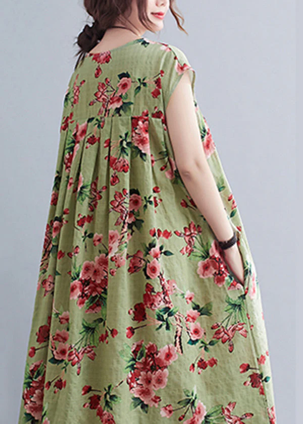 Loose Green Wrinkled Print Cotton Long Dresses Short Sleeve - Image 3