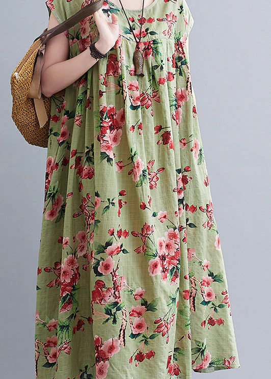 Loose Green Wrinkled Print Cotton Long Dresses Short Sleeve - Image 4