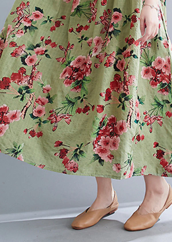 Loose Green Wrinkled Print Cotton Long Dresses Short Sleeve - Image 5