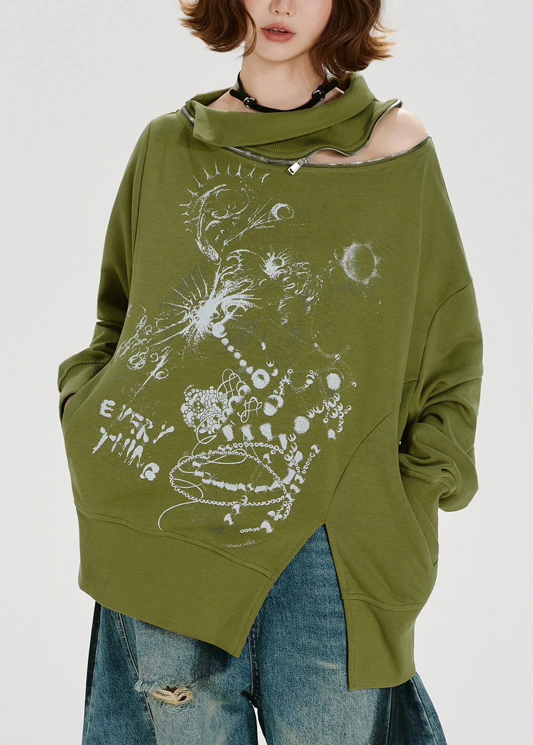 Loose Green Zip Up Print Cotton Pullover Sweatshirt Spring - Image 2