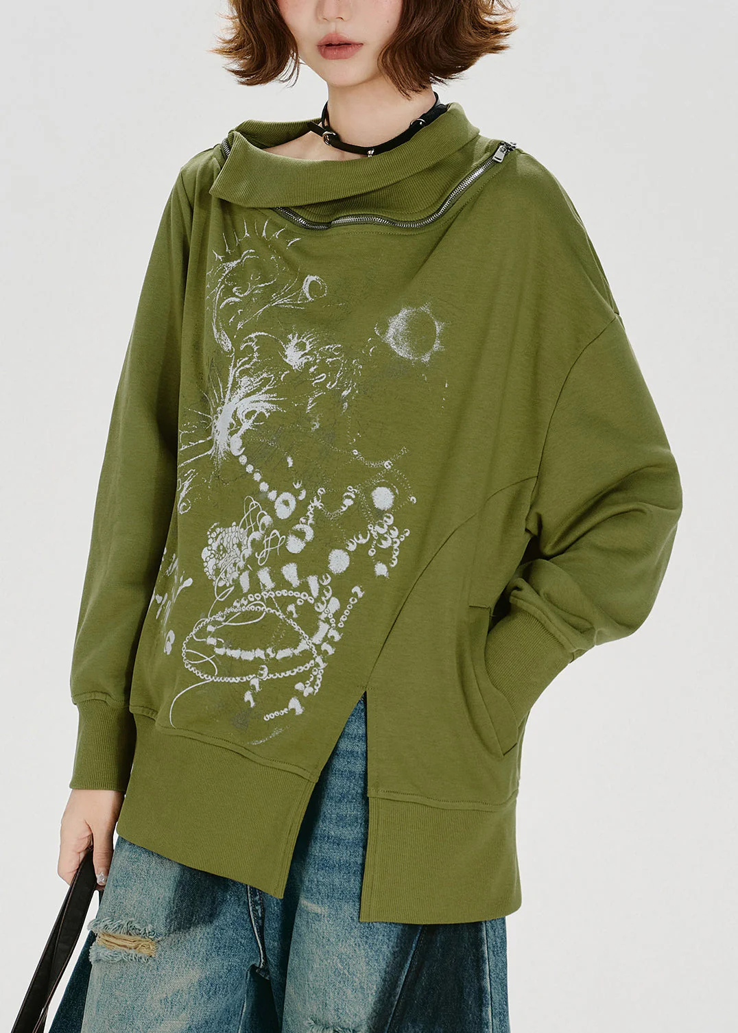 Loose Green Zip Up Print Cotton Pullover Sweatshirt Spring - Image 3