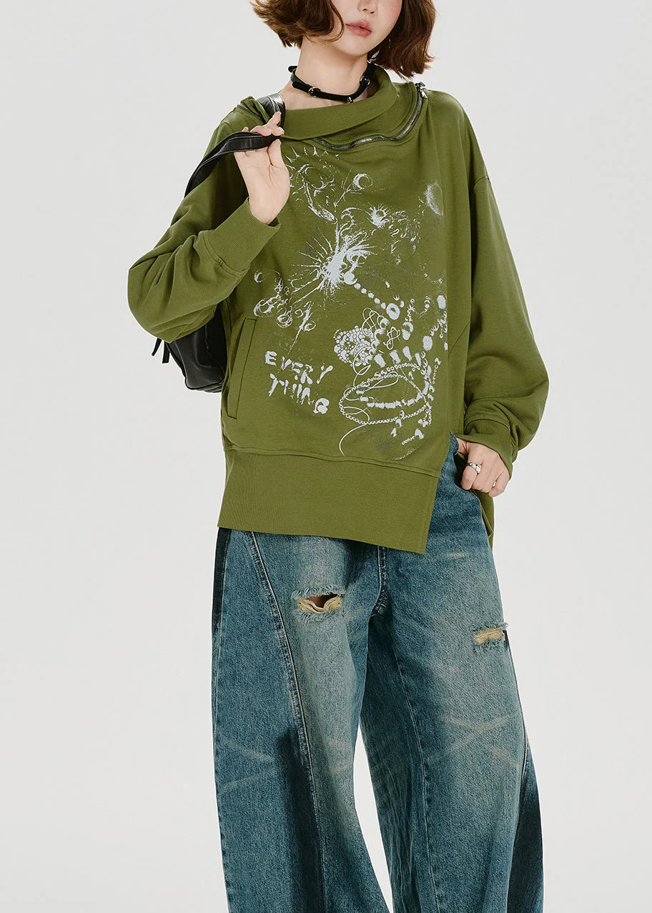 Loose Green Zip Up Print Cotton Pullover Sweatshirt Spring - Image 4