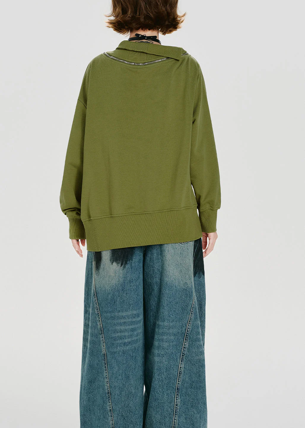 Loose Green Zip Up Print Cotton Pullover Sweatshirt Spring - Image 5