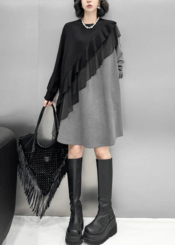 Loose Grey Asymmetrical Tulle Patchwork Cotton T Shirt Dress Spring - Image 2