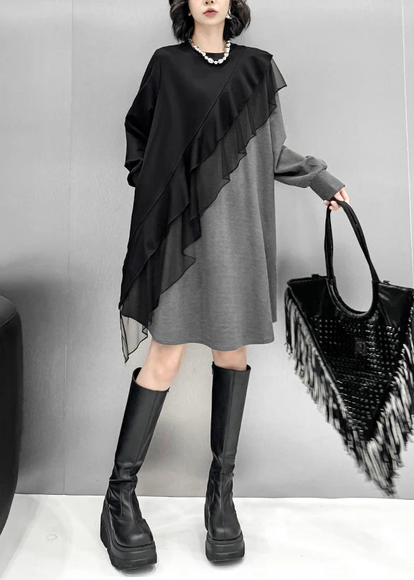 Loose Grey Asymmetrical Tulle Patchwork Cotton T Shirt Dress Spring - Image 3