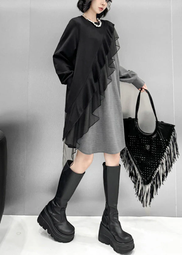 Loose Grey Asymmetrical Tulle Patchwork Cotton T Shirt Dress Spring - Image 4