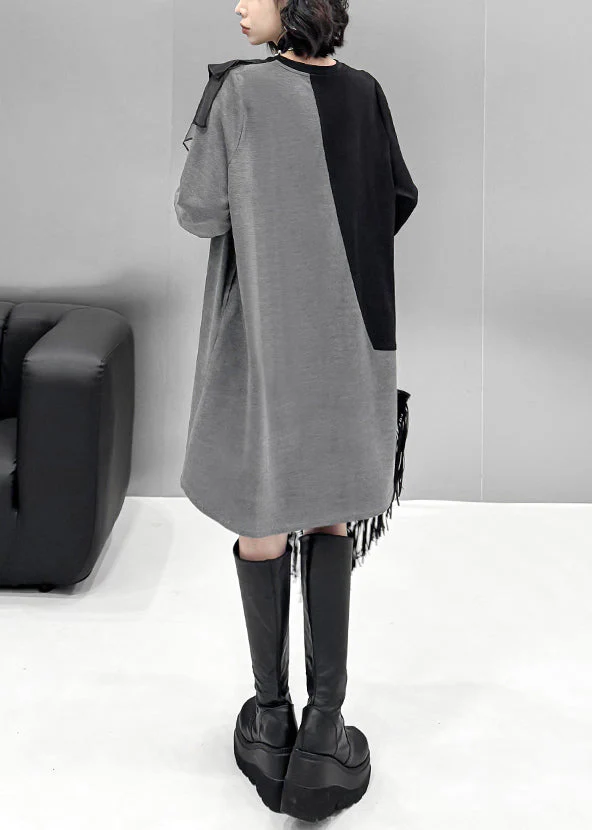 Loose Grey Asymmetrical Tulle Patchwork Cotton T Shirt Dress Spring - Image 5