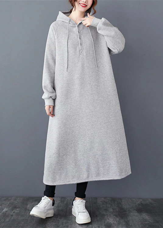 Loose Grey Hooded Pockets Patchwork Warm Fleece Dresses Winter - Image 2