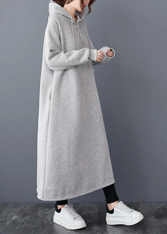 Loose Grey Hooded Pockets Patchwork Warm Fleece Dresses Winter - Image 3