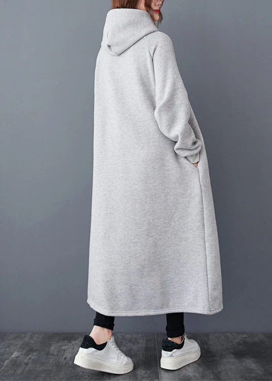 Loose Grey Hooded Pockets Patchwork Warm Fleece Dresses Winter - Image 4