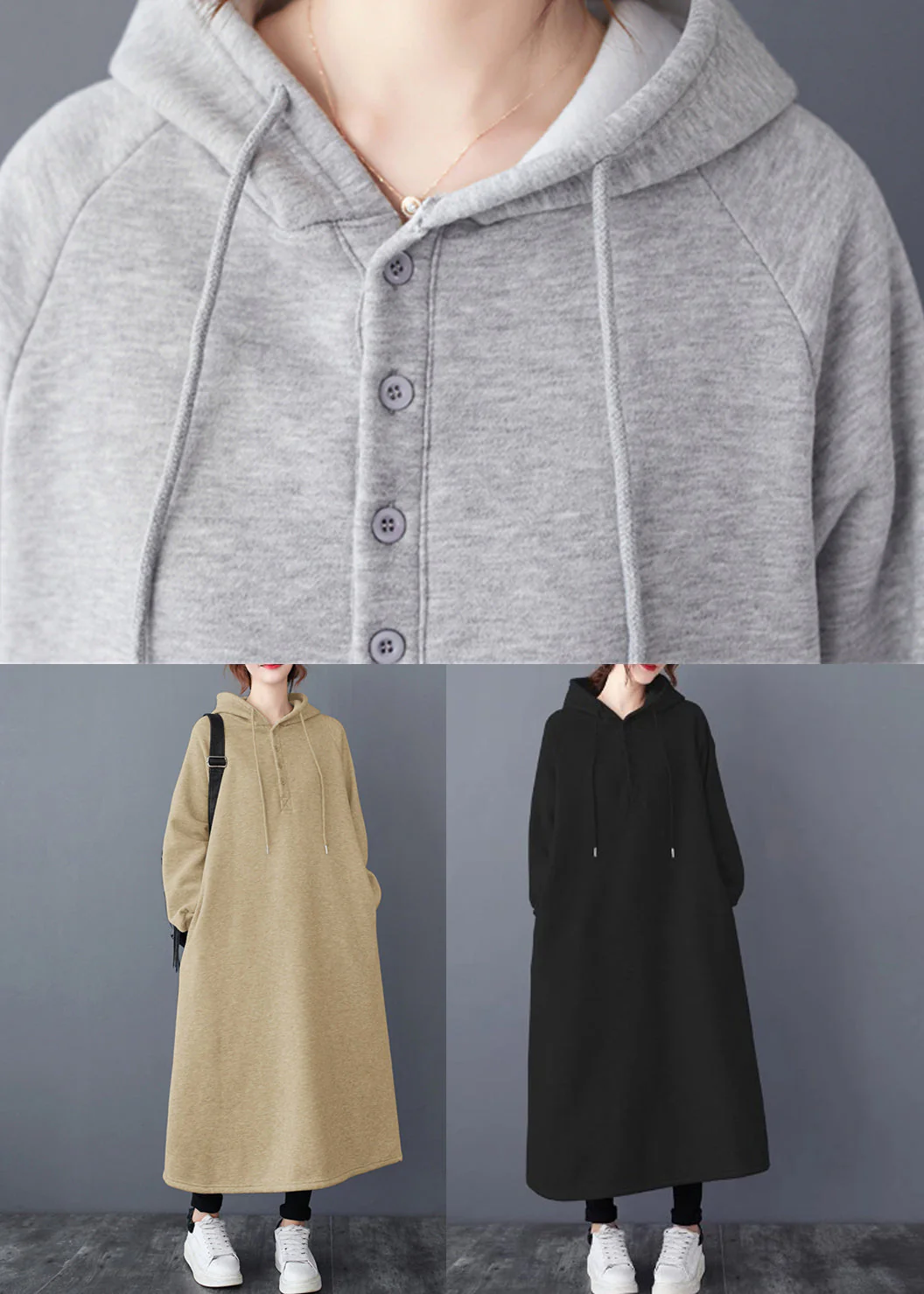 Loose Grey Hooded Pockets Patchwork Warm Fleece Dresses Winter - Image 5