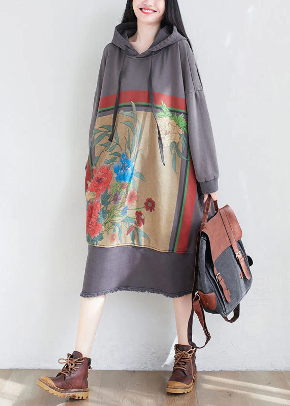 Loose Grey Hooded Print Cotton Maxi Dresses Spring - Image 4