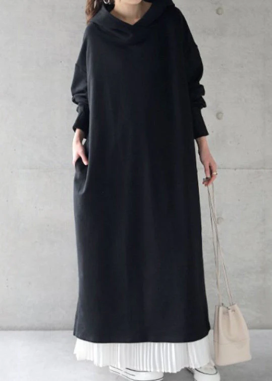 Loose Grey Hooded Solid Cotton Sweatshirt Dress Spring - Image 2