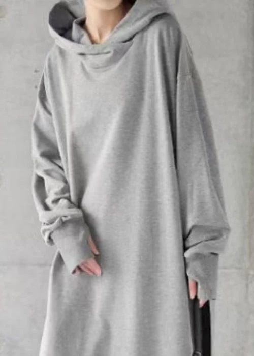 Loose Grey Hooded Solid Cotton Sweatshirt Dress Spring - Image 3