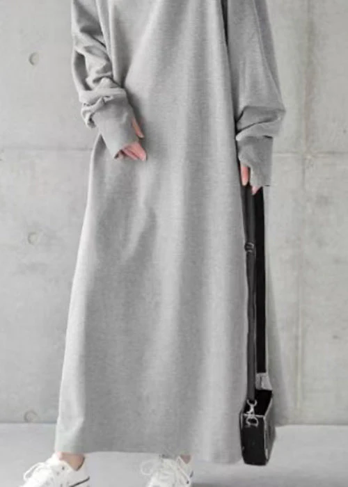 Loose Grey Hooded Solid Cotton Sweatshirt Dress Spring - Image 4