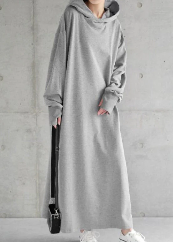 Loose Grey Hooded Solid Cotton Sweatshirt Dress Spring - Image 5