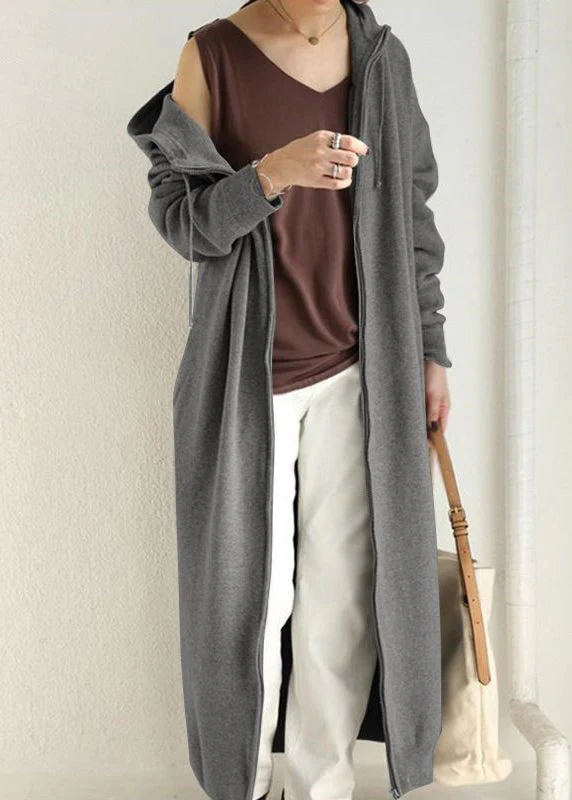Loose Grey Hooded Zippered Pockets Cotton Long Coats Spring - Image 2