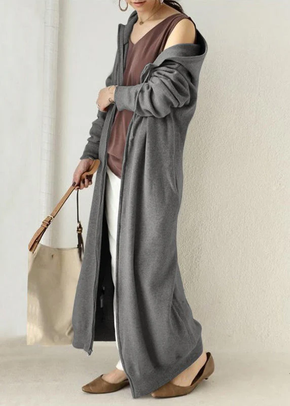 Loose Grey Hooded Zippered Pockets Cotton Long Coats Spring - Image 3