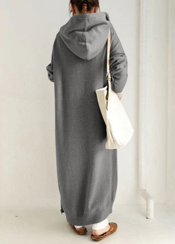 Loose Grey Hooded Zippered Pockets Cotton Long Coats Spring - Image 4