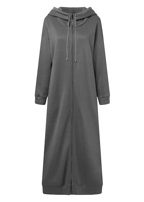 Loose Grey Hooded Zippered Pockets Cotton Long Coats Spring - Image 5