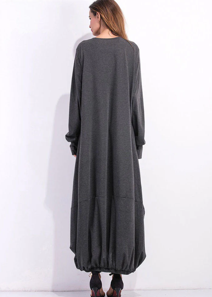 Loose Grey O Neck Asymmetrical Design Cotton Maxi Dress Spring - Image 4