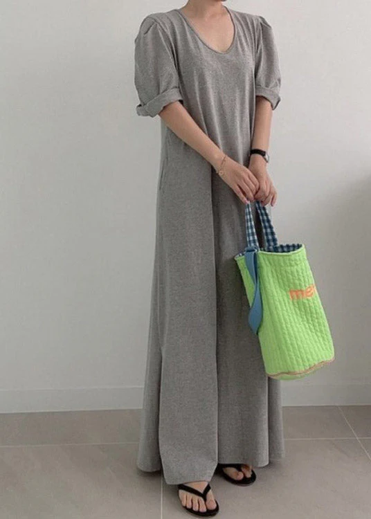 Loose Grey O-Neck Cozy Knit Long Dress Summer - Image 2