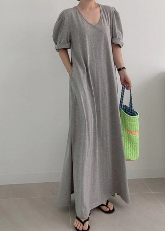 Loose Grey O-Neck Cozy Knit Long Dress Summer - Image 3