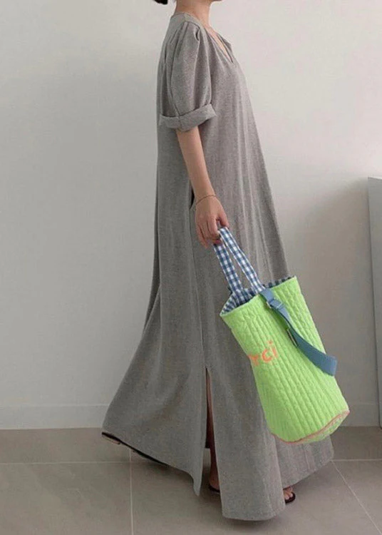 Loose Grey O-Neck Cozy Knit Long Dress Summer - Image 4